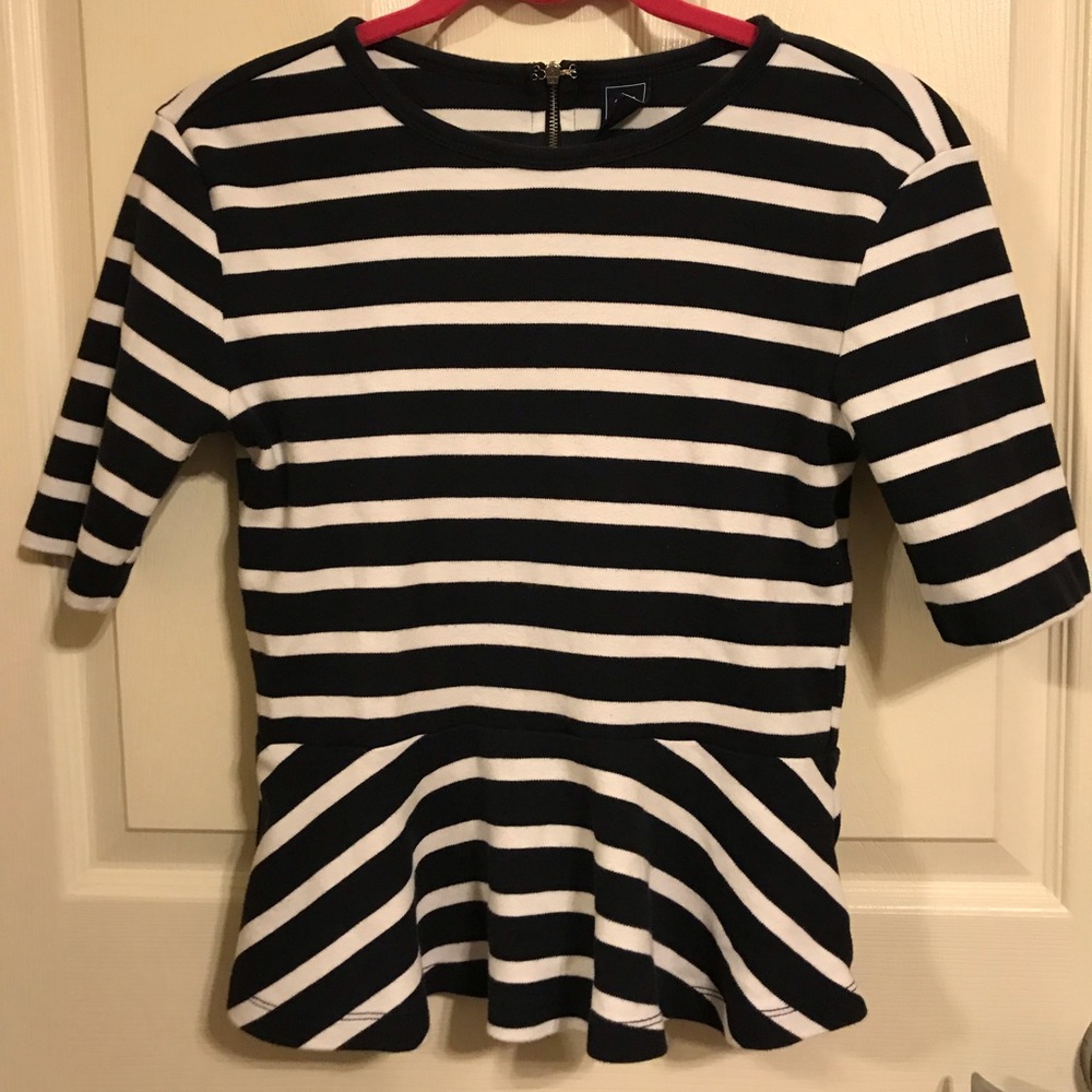 Navy blue and white striped peplum top